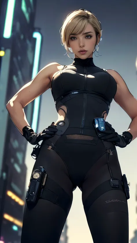 (A woman),(((Future female police officer standing))),((Black Tactical Tights:1.5)),((Camel toe:1.5)),((earphone:1.5)),((Tactical Holster:1.5)),(Gloves:1.5),(((Hands on hips:1.5))),(front:1.5),(From below:1.2),(Super short hair:1.5),(Blonde:1.5),(beautiful...