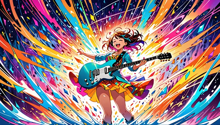 The protagonist grabs a guitar and plays with raw emotion, releasing her energy through the music. The space around her bursts into vibrant colors, representing her liberation through sound. Energetic patterns fill the background as the power of music tran...