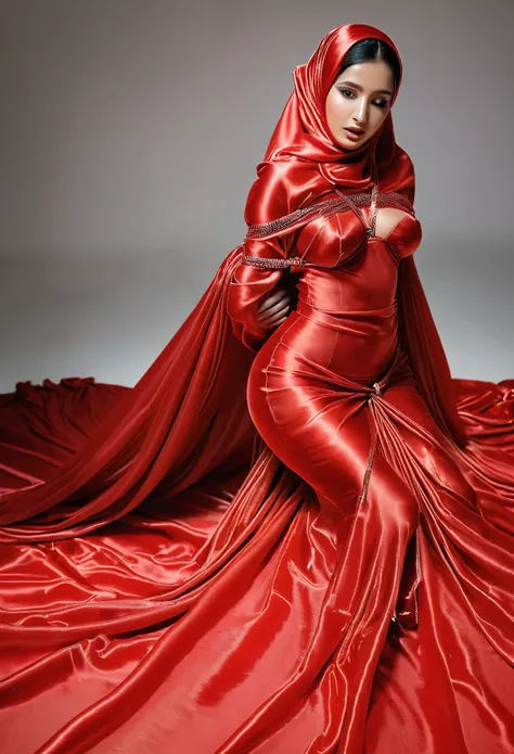 A woman shrouded in a 10-meter-long, plush red semi transparent satin shimmer cloth, slim body with big breast, tightly bound and grandly draping along the form of her body, flowing off into a pooled floor-length train, styled in a mermaid-inspired outfit,...