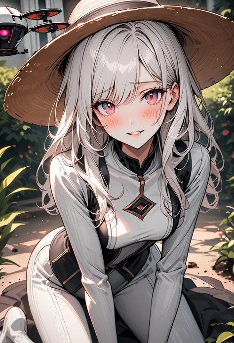 solo, female, long straight white hair, reddish pink eyes, modest figure, shy, florid garden, luxurious mansion, wealthy lady who is self-conscious of her more successful sisters, simple white gardening clothes, working at her garden, outdoors, big sun hat...