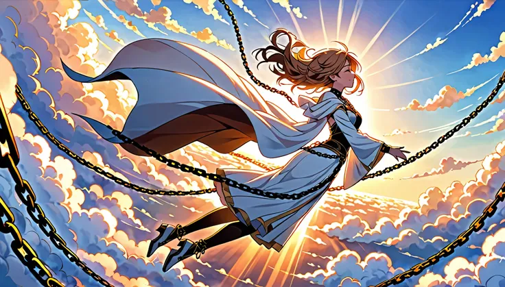 She soars into the sky, flying freely among the clouds. The expansive sky and the warmth of the sun envelop her as she ascends. The chains and rules that once held her down are gone, and this moment captures her fully embracing her true, liberated self.