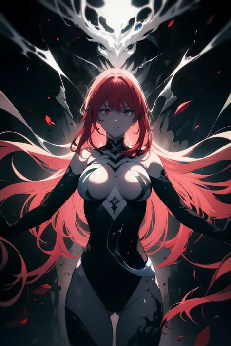 

"A female figure with red hair and a white lace leotard, standing in a powerful stance, surrounded by dark energy swirling around her hands. Dark energy rays emanate from all directions, converging towards his hands as if stealing the life energy from hi...