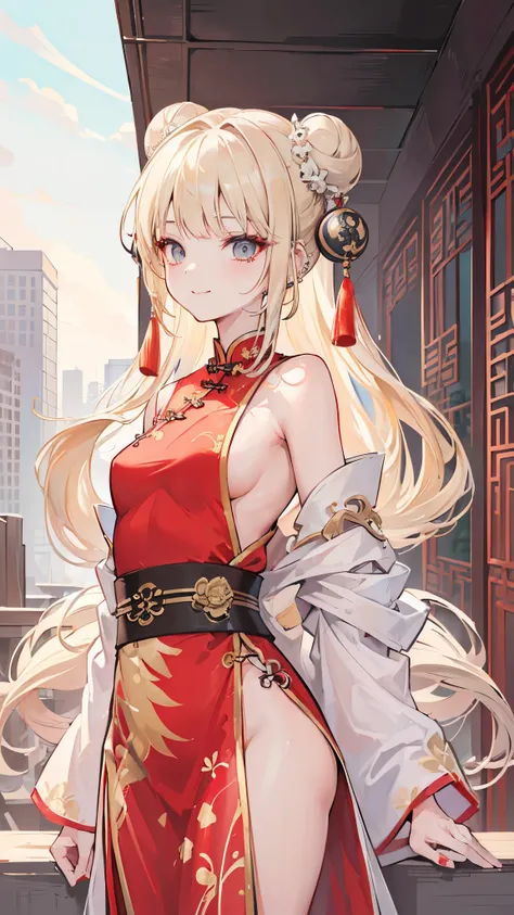 ((masterpiece、Highest quality、Very detailed))、One girl、Blonde、Long Hair、double bun、blunt bangs、Grey Eyes、((lots of piercing))、smile、Small breasts、((red chinese clothes))、((side slit))、arms behind back、Cowboy Shot、Downtown background
