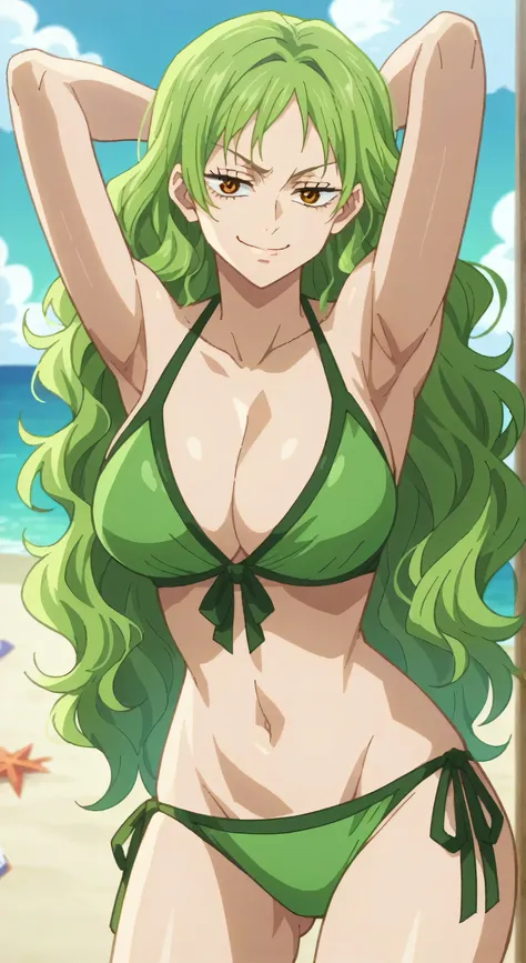 score_9, score_8_up, score_7_up, source_anime, anime screencap, 1girl, solo, outdoors , beach, day, monet, green hair, wavy hair...