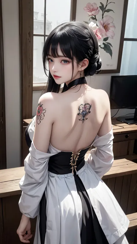 (masterpiece, Top quality, best quality, Official Art, beautiful and aesthetic:1.2),1 Girl, Tattoo, Solitary, Japanese clothes, Hair accessories, unsheathing, Black Hair, sheath, back Tattoo, blue eyes, Off-shoulder, 裸Off-shoulder膀, look back, From the bac...