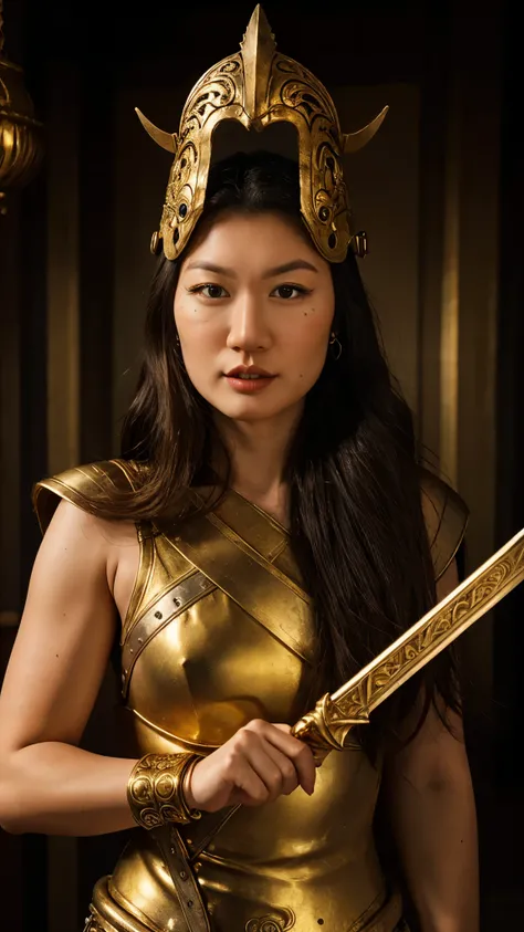 beautiful muscular antique greek spartan warrior asian girl, detailed face with piercing eyes, flowing dark hair, wearing ornate spartan helmet with ornate gold and bronze details, wearing detailed spartan battle armor with intricate gold and bronze design...