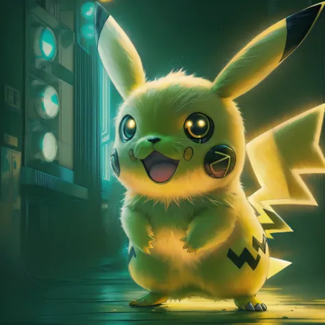 pokemon pikachu is standing in the dark with his eyes open, cyberpunk pikachu, pikachu on acid, concept art of pikachu, surprise...