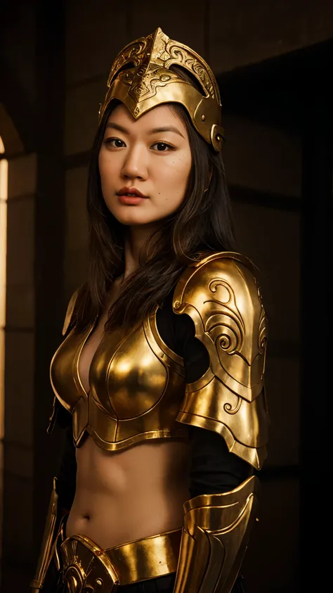 beautiful muscular antique greek spartan warrior asian girl, detailed face with piercing eyes, flowing dark hair, wearing ornate spartan helmet with ornate gold and bronze details, wearing detailed spartan battle armor with intricate gold and bronze design...