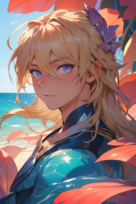 (8k, best qualityer, work of art:1.2),(best qualityer:1.0), (ultra high resolution:1.0), better lighting, young boy, 精致的面容, long blonde hair with lilac highlights, your eyes are blue, lilac scales, lilac mermaid tail in an ocean, face and bust focus 