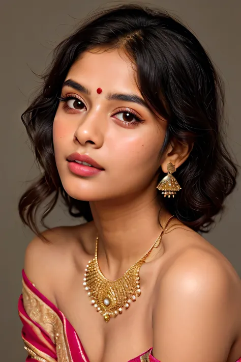 "A realistic portrait of an Indian girl with a sharp nose, pink lips, and dreamy, slightly intoxicating eyes. Her skin is fair with a smooth texture, typical of North Indian complexion. She has dark, wavy hair cascading over her shoulders, wearing traditio...