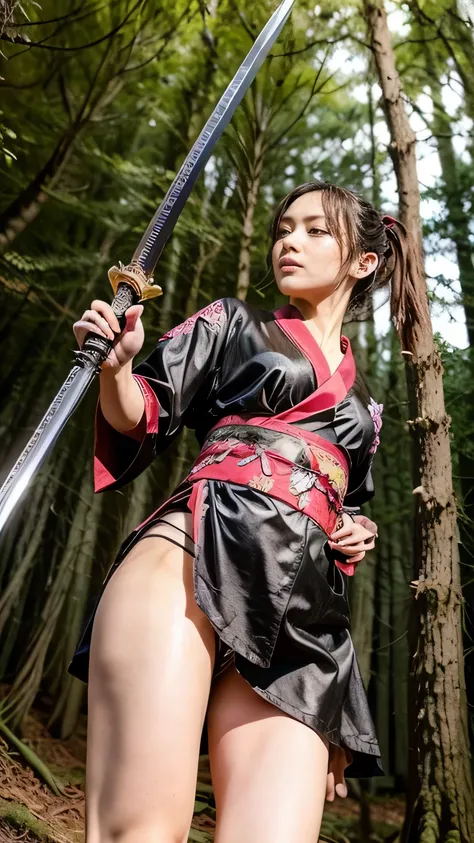 ((A female ninja in a fighting stance with a sword in the forest:1.5)、With background)、(Female ninja with a sword:1.5)、Camel Toe)、(Realistic、Like a photograph、Live Action、8k, Realistic, RAW Photos, Best image quality: 1.4), Single-lens reflex camera、RAW Ph...