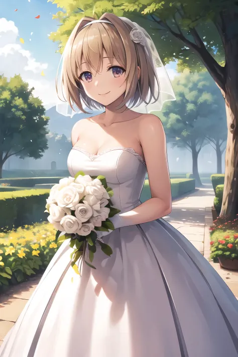 masterpiece, best quality, highres, aakikyo, short hair, hair intakes, white hairband, wedding dress, white dress, white gloves, bridal veil, holding bouquet, garden, confetti, smile, flower, cowboy shot