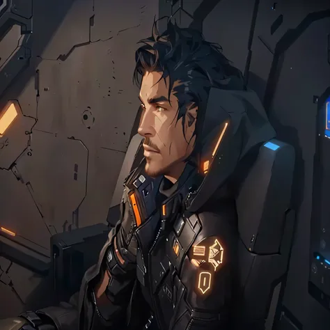 a man in a leather jacket sitting in a cockpit with a machine, in the 2 0 2 1 movie dune, wearing cyberpunk leather jacket, dystopian sci-fi character, video game screenshot>, in a dark space mercenary outfit, star citizen, dystopian scifi outfit, unreal e...