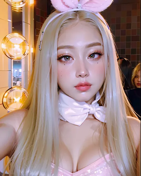 a closeup of a person holding a cell phone in front of a mirror, parque roseanne de blackpink, jossi de blackpink, jennie pink black, Lalisa Manoban de Blackpink, lalisa manobal, white hime cut hairstyle, with long white hair, with long blonde hair, autofo...