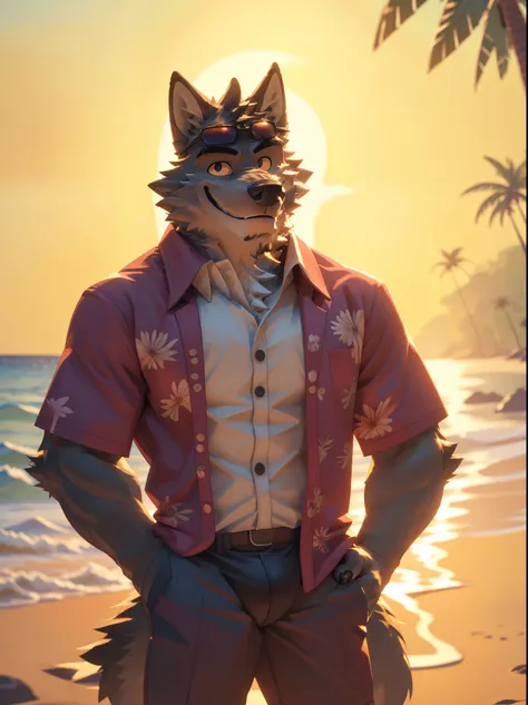 a furry wolf standing mr. wolf, beach, nature, hawaiian shirt, sunglasses, smile, (best quality,4k,8k,highres,masterpiece:1.2),ultra-detailed,,detailed wrinkles,detailed facial features,detailed texture, bulge, half body