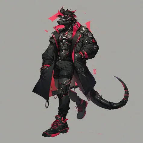 Ciperpunk, score_9, score_8_up, score_8, Male, Robotic body, black metal, furry, lizard, black visor, black jacket, full body, black hair, black neon tail