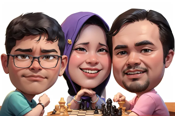 arafed photo of two man and  women hujab playing chess, Indonesian, playing chess!!, chess, chess tournament, caricature, playing chess, caricature illustration, chess game, full protrait, happy family, husband wife and son, potrait, caricature style, chib...