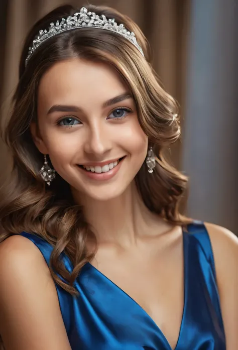 A beautiful young woman with long brown hair, shiny blue satin dress, hairband, necklace, smiling at the camera, waiting to be kissed, happy smiling facial expression, perfect brown eyes, extremely detailed skin, toned body, 5 fingers, (best quality,4k,8k,...