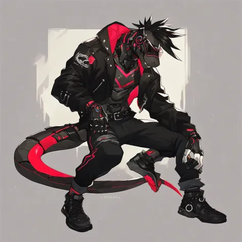 Ciperpunk, score_9, score_8_up, score_8, Male, Robotic body, black metal, furry, lizard, black visor, black jacket, full body, black hair, black neon tail