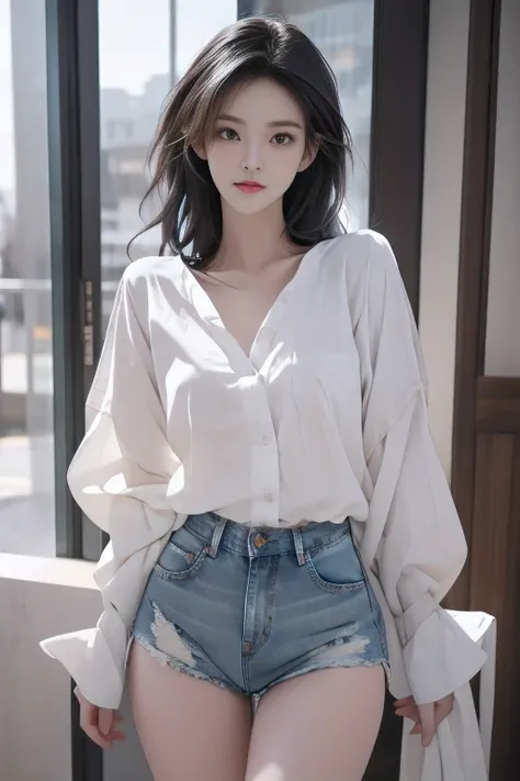 Charming eyes，Sexy，Details，Correct the weird parts to the real ones, high resolution, 1 girl, White wavy hair, Korean, Heterochromic Eyes, There is a small mole under the eye, Loose white shirt, Skinny denim shorts, Large Breasts, thigh, Revealing the mast...