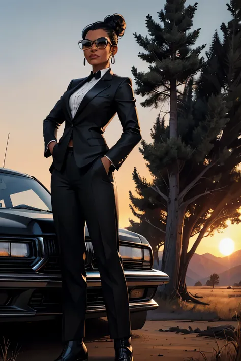 Portrait of African woman with (black hair bun), black hair pulled back, wearing a (black business suit, black formal boots, sunglasses) standing near ((black Buick Roadmaster 96)), Badlands background with dead trees. super high quality, super high detail...