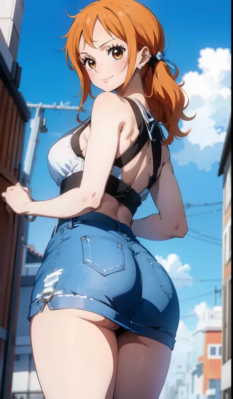 nami from one piece, BEGGING TO BE FUCKED, LEWD, THICC ASS, Outdoors, ((wearing MINI SKIRT and showing PERFECT ASS)), FOCUS ON ASS, WEARING SKIRT, ((View from behind)), good anatomy, masterpiece, best quality, 4k, 8k, professional photography, soft light, ...