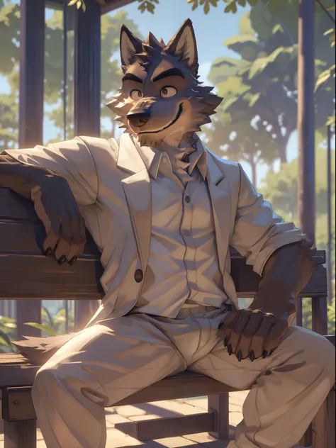 a furry wolf sitting, mr. wolf, bench, nature, white suits, smile, (best quality,4k,8k,highres,masterpiece:1.2),ultra-detailed,,detailed wrinkles,detailed facial features,detailed texture, bulge, half body