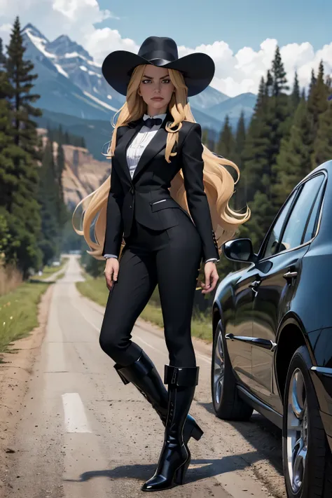 portrait of european woman with (long straight blonde hair), wearing a (black business suit, black formal boots) standing near (...