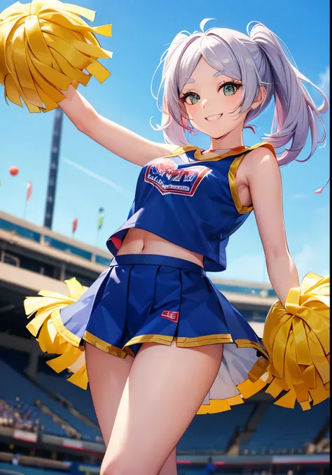 One girl, smiling, big mouth smile, droopy eyes, cheerful expression, big eyes, small breasts, cheerleader, cheering for baseball, holding a bonbon, five fingers, both hands, quality fingers, focus on face, front view, no shadow on background, high quality...