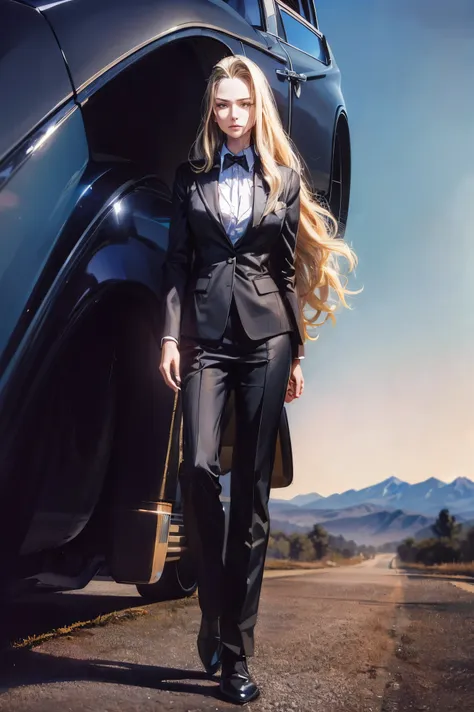 Portrait of european woman with (long straight blonde hair), wearing a (black business suit, black formal boots) standing near ((Buick Roadmaster 96)), Badlands background with dead trees. super high quality, super high detail, masterpiece, 4k, 8k, HDR, ma...