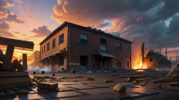 Remote shot, big buildings, fire, factory, broken stones, cloudy sky, pieces of iron, pieces of wood, sunset , end of time , Street, geometric shapes, occupation on the ground, obstacle , barrel , Various objects on the ground , Three buildings in the midd...