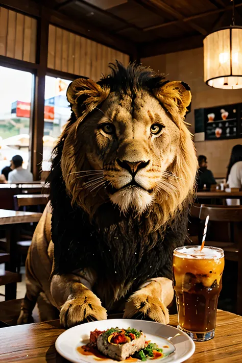 lion eating makis in a hyper realistic restaurant