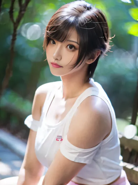 20 year old Japanese beauty，One woman、Muscular body like a bodybuilder、Emphasize the breasts、White T-shirt、Pink underwear is visible、Slit eyes、A head-to-toe view，Bust is very very large、The background is Yakushima、High quality photos、Clear, crisp images of...