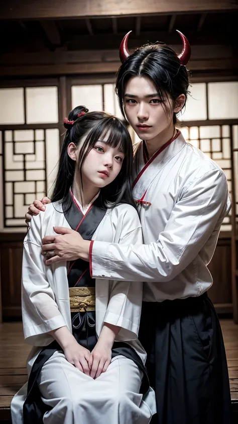 masterpiece,Best Quality,8k,High resolution)),((anime art)),Create two men, ancient china, Atmosphere of traditional Chinese house, Models, 35 and 40 years old, (long one must have white hair and one must have black hair), one of the boys has white hair (t...