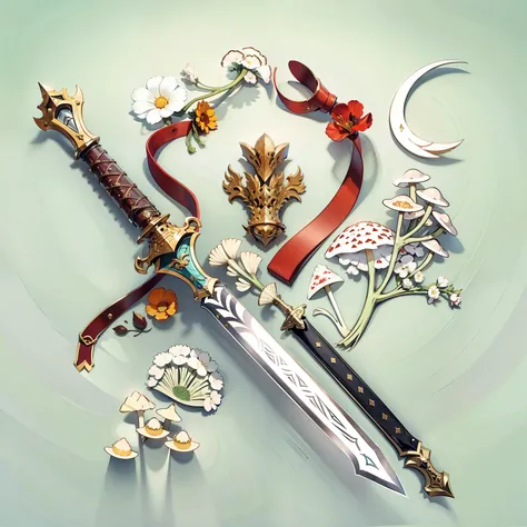 (((best quality))), (((masterpiece))), Weapons to be included in the Weapons Encyclopedia, Two-handed sword, big knife, oriental weapons, white background, Crisp Lines, simple design, mushroom