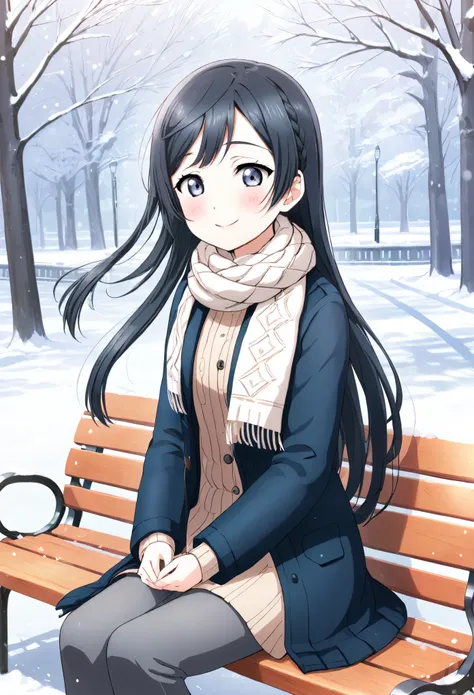 masterpiece, highly detailed background, 1girl, solo, in the park, on the bench, Yuki Setsuna, one side up, sidelocks, side braid, full body, sitting, in winter, snow, scarf, winter coat, smile,  