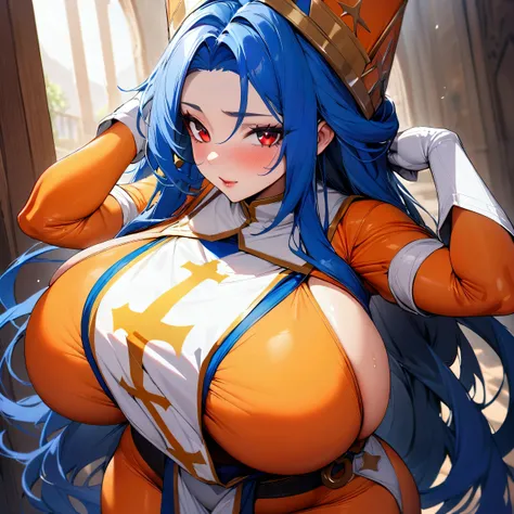 priest (dq3),long hair, blue hair, red eyes, mitre, tabard, cross print, orange bodysuit, elbow gloves, large breasts,8k,beautiful,best quality,detailed,exquisite,extremely detailedfinely detailed,high quality,insanely detailed,masterpiece,ultra detailed,u...