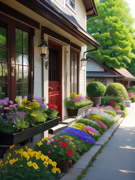 flowers growing on the side of a building next to a sidewalk, beautiful flowers growing, beautiful plants, lush flowery outdoors, by Hans Werner Schmidt, in a cottagecore flower garden, beautiful lush colors, beautiful! coherent!, lush plants flowers, beau...