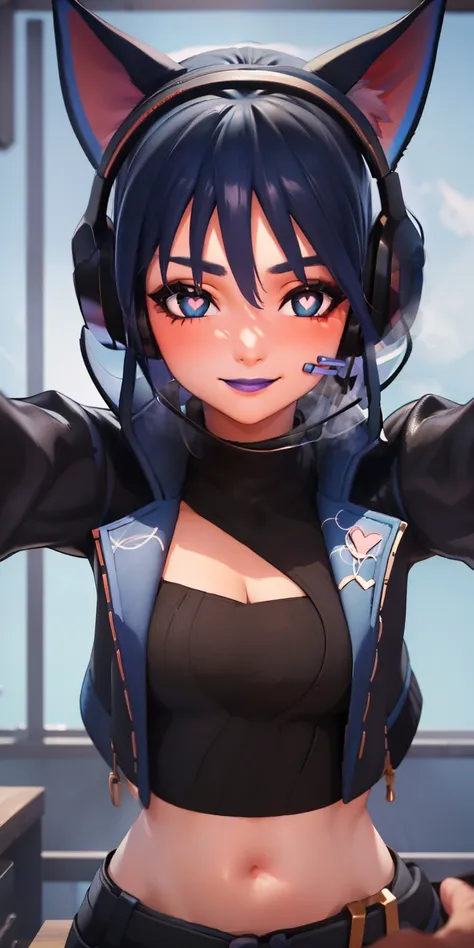 Heart-shaped_pupils, 1girl,blue hair,blue eyes, eyeshadow, (blush:1.1),upper body,trembling, heart,(speed lines:1.1),medium breasts, ((heavy breathing:1.3)), love, heart, black jacket, jacket crop top, cat ears headphones, black crop top, purple lips, smil...