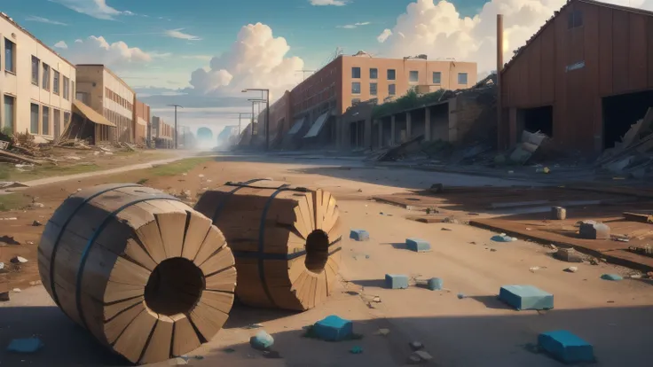 Remote shot, big buildings, factory, broken stones, cloudy sky, pieces of iron, pieces of wood , end of time , Street, geometric shapes, occupation on the ground, obstacle , barrel , Various objects on the ground , Three buildings in the middle