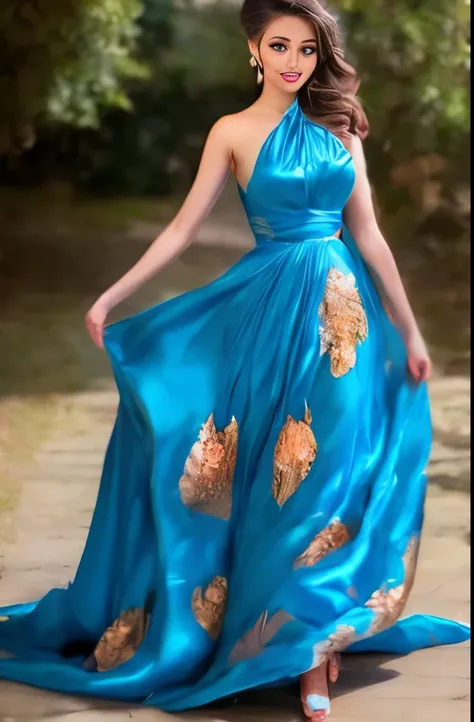 woman in a blue dress with a fan and a flowered dress, beautiful and elegant, very beautiful and elegant, very beautiful style, beautiful dress, beautiful flowing fabric, dressed beautiful gown, flowing dress, cute elegant pose, beautiful silky dress, orna...