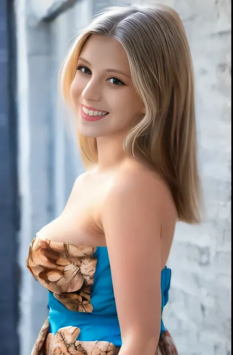 a woman smiling, wearing a floral-patterned dress, form-fitting style, strapless top, deep blue and brown colors, subtle floral details, sheer brown wrap with intricate details, sophisticated and poised, looking forward, neutral background, emphasizing the...