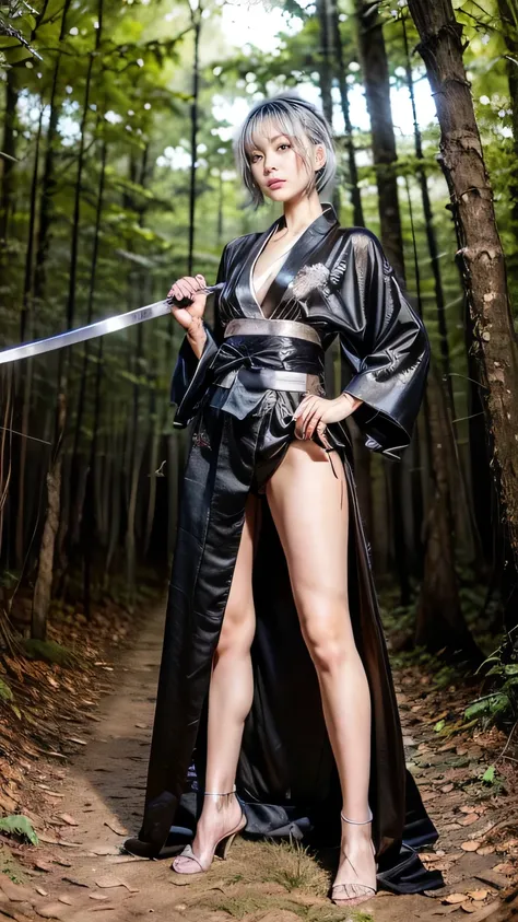 ((A female ninja in a fighting stance with weapons in the forest:1.5)、With background)、(Female ninja with a sword:1.5)、Camel Toe)、(Realistic、Like a photograph、Live Action、8k, Realistic, RAW Photos, Best image quality: 1.4), Single-lens reflex camera、RAW Ph...