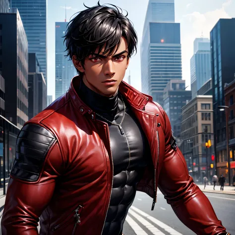 1boy, best quality, detailed face, detailed eyes, dark-skinned male, muscular male, buff, black hair, short hair, red eyes, serious, red jacket, leather jacket, black turtleneck, black jeans, muscular male, outdoors, city