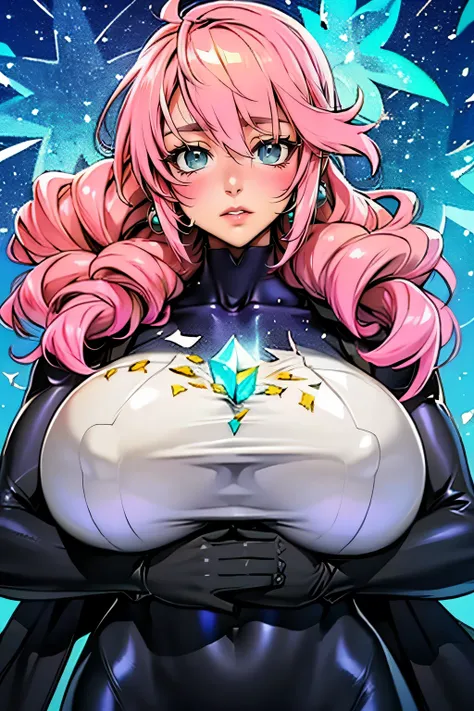 (masterpiece, top quality), (medium),official art, beautiful and aesthetic:1.2),(feldt:1.3), (fractal art:1.3), gundam00, pink hair, ((yellow bodysuit)), from side, (slendered abs:1.2), looking at viewer,(((starry sky))), stars in the background,((black gl...