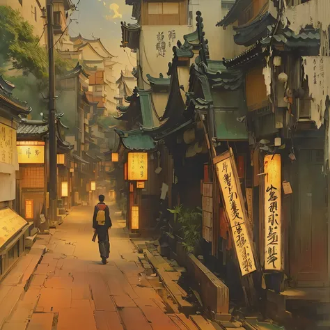 people々a painting of a cityscape with a man walking down the street, inspired written by xu beihong, written by xu beihong, japa...