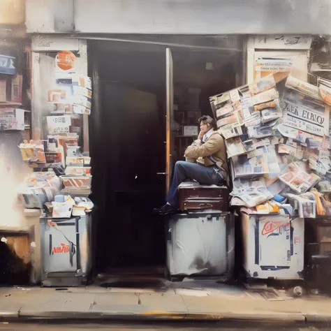 picture of a man sitting on a suitcase in front of a store, kevin connor, antonio saura, geza udvari, by slobodan pejić, by juan...