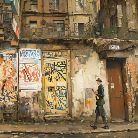 a man walking next to a building, leon kossoff, graffiti and posters on the wall, by maurice utrillo, mixed art, by edouard vuil...