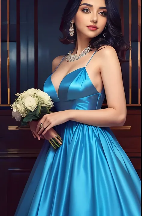 woman in a blue dress with a fan and a flowered dress, beautiful and elegant, very beautiful and elegant, very beautiful style, beautiful dress, beautiful flowing fabric, dressed beautiful gown, flowing dress, cute elegant pose, beautiful silky dress, orna...