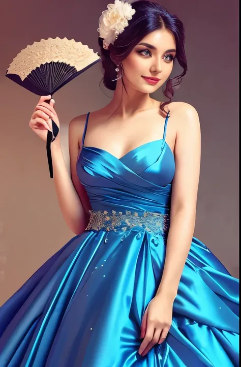 woman in a blue dress with a fan and a flowered dress, beautiful and elegant, very beautiful and elegant, very beautiful style, beautiful dress, beautiful flowing fabric, dressed beautiful gown, flowing dress, cute elegant pose, beautiful silky dress, orna...